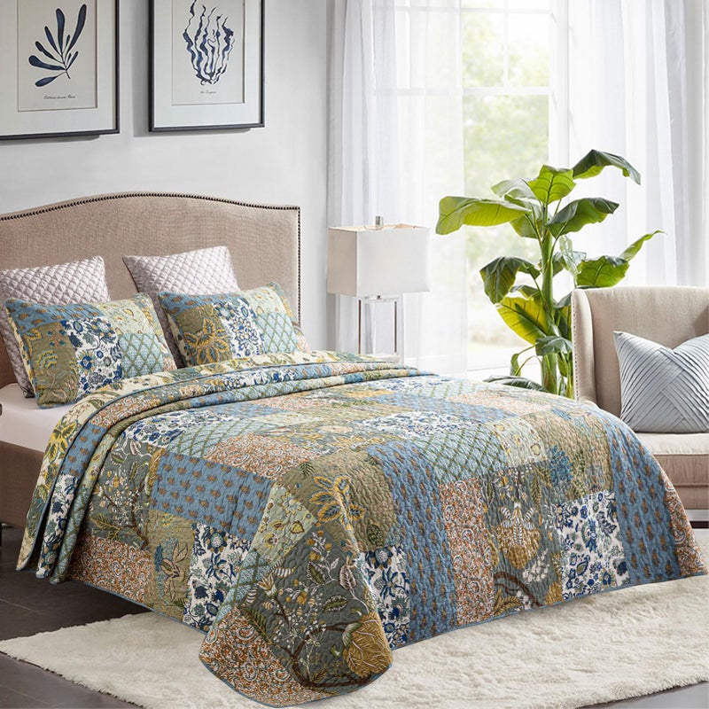 YAYIDAY Oversized King Bedspreads Patchwork Quilt Set (120x118 Inch) - 100% Cotton Reversible Breathable Green Leaves Quilted Coverlet with Pillow Shams for All Seasons - Image 2